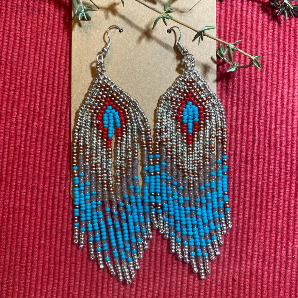 Beaded Fringe Earrings with Turquoise and Silver Accents